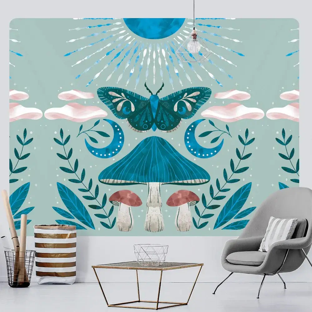 Bohemian home art tapestry featuring pink moth and teal mushroom design for decorbites bohemian home decor
