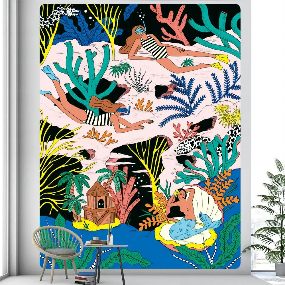 Vibrant bohemian home art tapestry with underwater-themed mermaids coral and sea creatures in bold pink teal and yellow colors