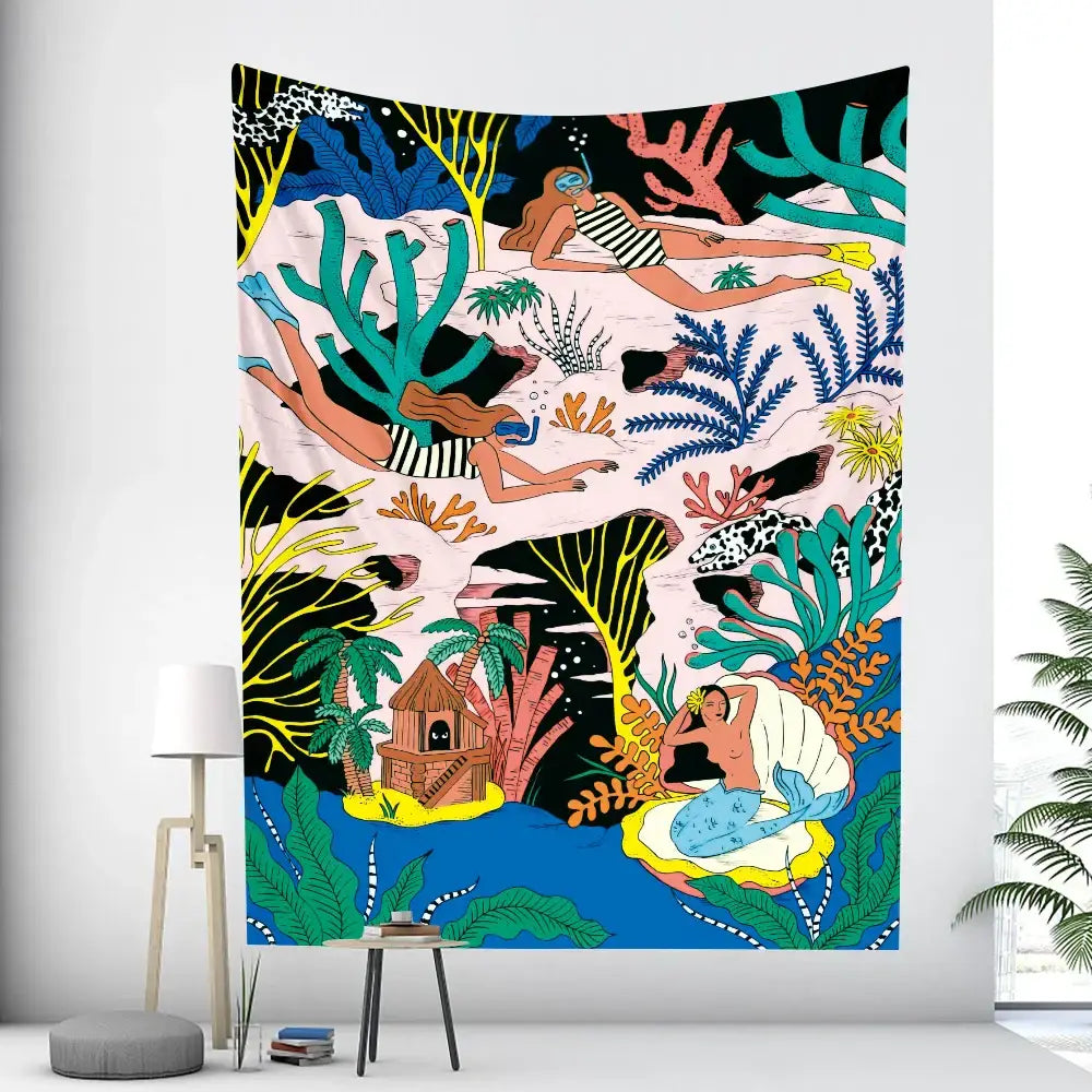 Vibrant underwater-themed bohemian home art tapestry with snorkelers mermaids coral reefs in pink teal yellow blue decorbites bohemian home