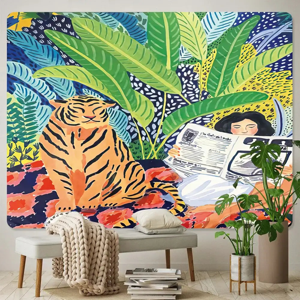 Vibrant bohemian home art tapestry featuring an orange tiger with black stripes and lush green foliage decorbites bohemian home
