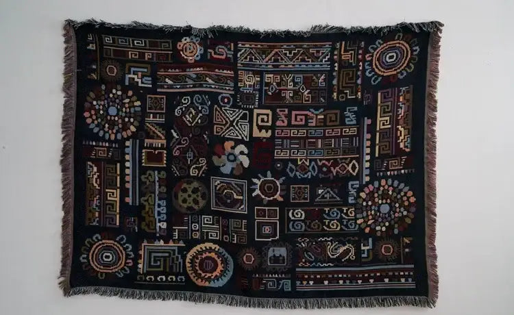 Black woven decorbites bohemian jacquard throw blanket with multicolored geometric embroidery and fringed edges for living room