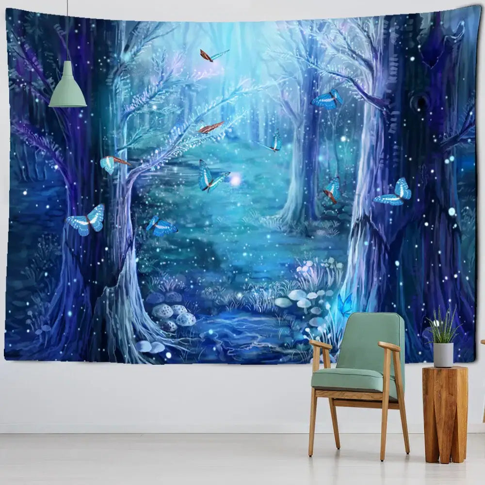Bohemian jungle animal tapestry wall hanging in vibrant blue and purple with glowing butterflies for children room decorbites jungle animal