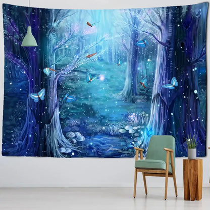 Bohemian jungle animal tapestry wall hanging in vibrant blue and purple with glowing butterflies for children room decorbites jungle animal