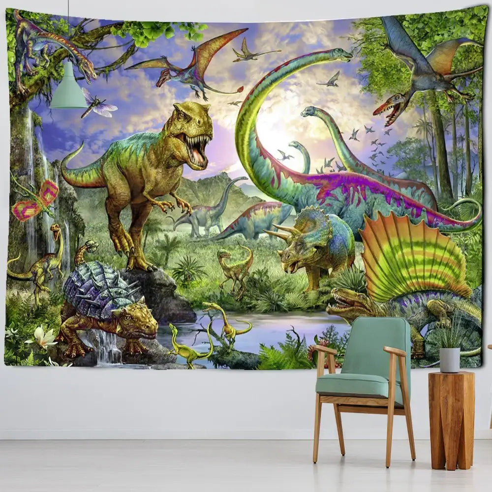 Bohemian jungle animal tapestry wall hanging with vibrant colorful prehistoric creatures for children room decorbites jungle animal art