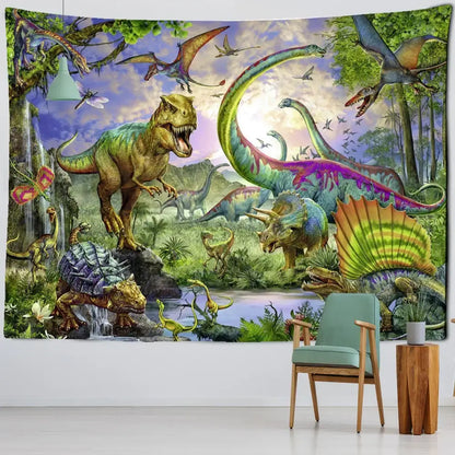 Bohemian jungle animal tapestry wall hanging with vibrant colorful prehistoric creatures for children room decorbites jungle animal art