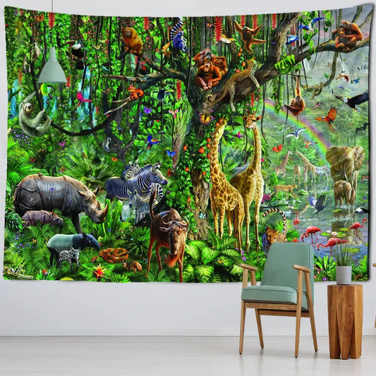 Bohemian jungle animal tapestry wall hanging featuring colorful giraffes zebras and monkeys for children room decorbites jungle animal decor