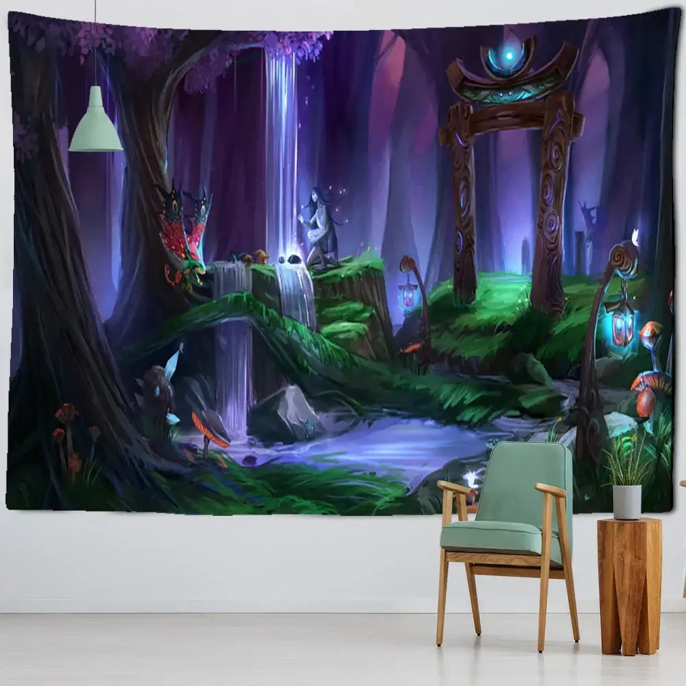 Bohemian jungle animal tapestry wall hanging with vibrant purple and green forest decorbites jungle animal design for children room art