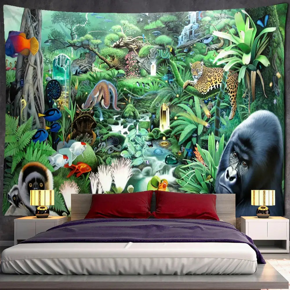 Bohemian jungle animal tapestry wall hanging featuring vibrant gorilla jaguar and tropical fish in lush greenery for children room decorbites jungle animal decor