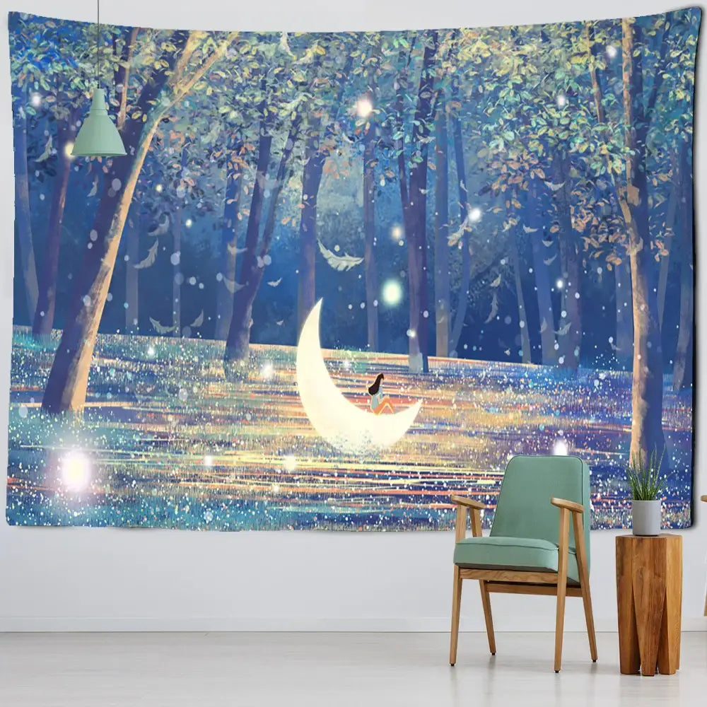 A soft teal armchair with wooden legs beneath a bohemian decorbites jungle animal tapestry wall hanging for children room art