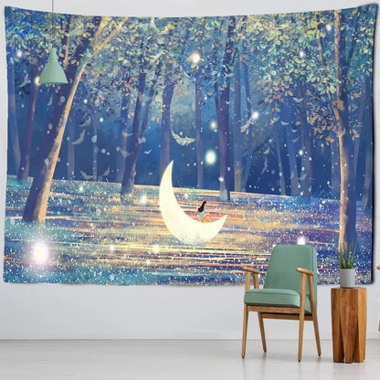 A soft teal armchair with wooden legs beneath a bohemian decorbites jungle animal tapestry wall hanging for children room art