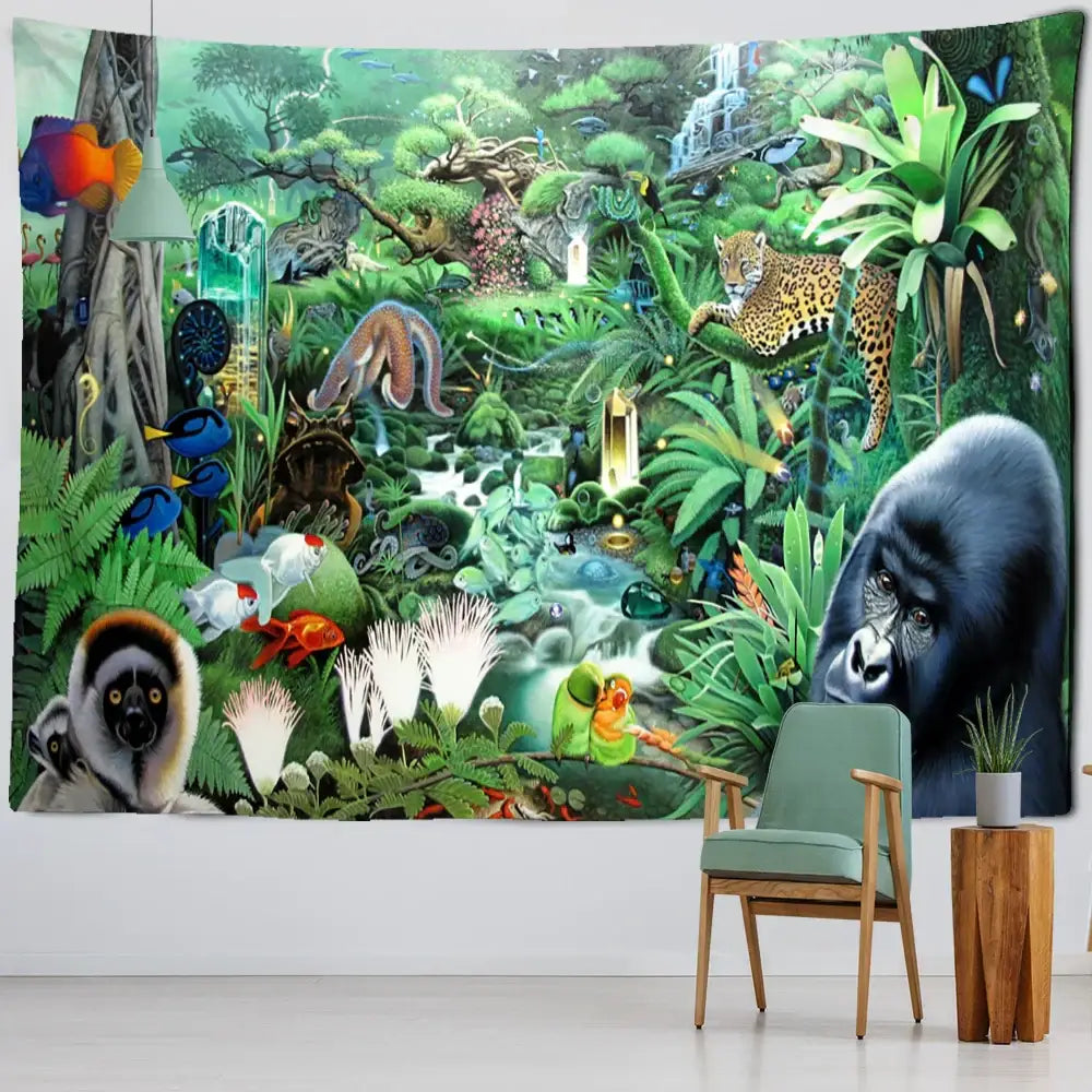 Bohemian jungle animal tapestry wall hanging in green blue and brown with gorillas jaguars lemur fish and birds decorbites jungle animal decor
