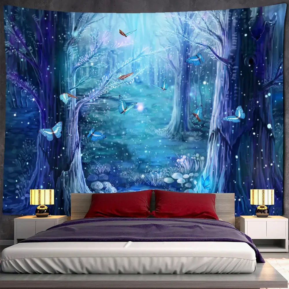 Bohemian jungle animal tapestry wall hanging in vibrant blue and purple with glowing butterflies for children room decorbites jungle animal decor