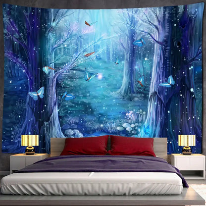 Bohemian jungle animal tapestry wall hanging in vibrant blue and purple with glowing butterflies for children room decorbites jungle animal decor