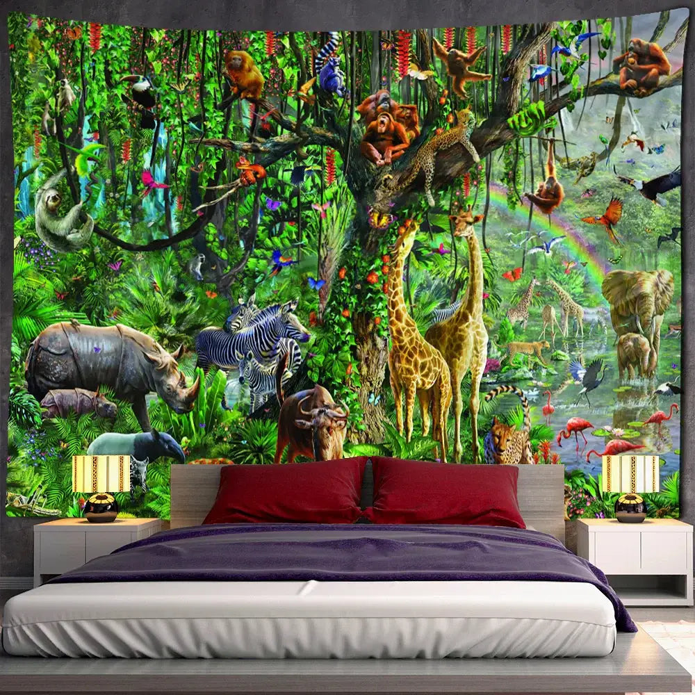 Bohemian jungle animal tapestry wall hanging featuring vibrant green forest with giraffes zebras rhinos and monkeys decorbites jungle animal