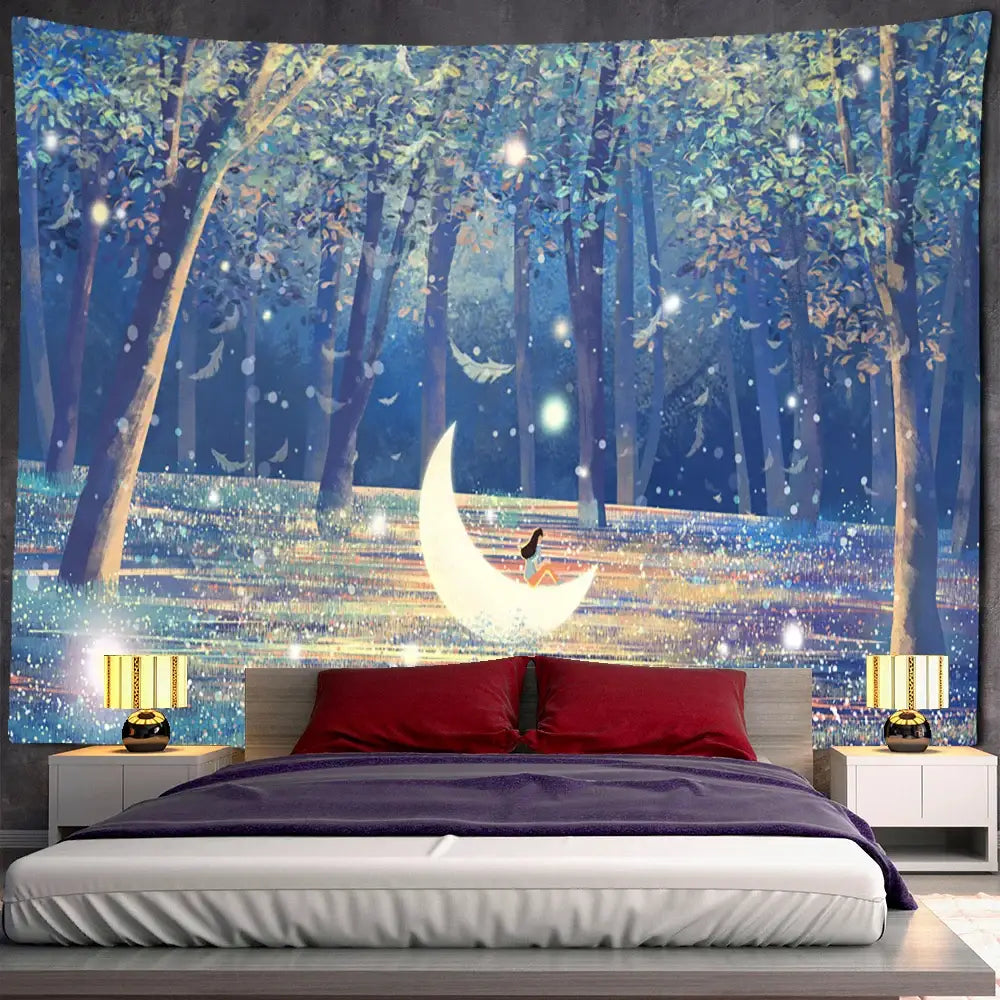 Bohemian jungle animal tapestry wall hanging featuring a crescent moon figure with glowing lights in blue and green decorbites jungle animal decor