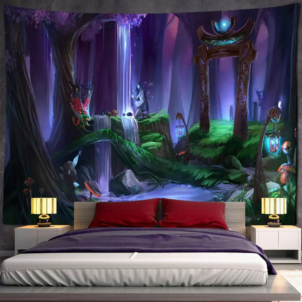 Bohemian jungle animal tapestry wall hanging with vibrant purple and green forest, glowing lanterns, waterfall, and archway decorbites jungle animal decor