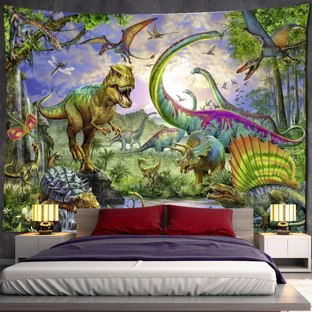 Vibrant bohemian jungle animal tapestry wall hanging with colorful dinosaur decorbites jungle animal design for children room art
