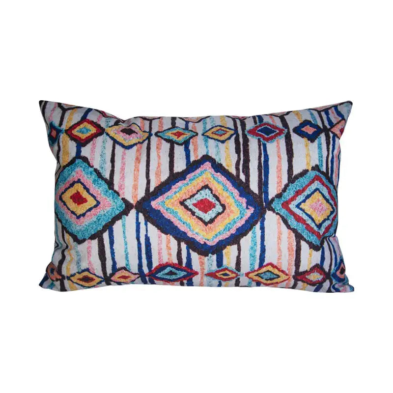 Rectangular bohemian jute linen pillow cover with vibrant blue red geometric pattern for living room decorbites pillow covers