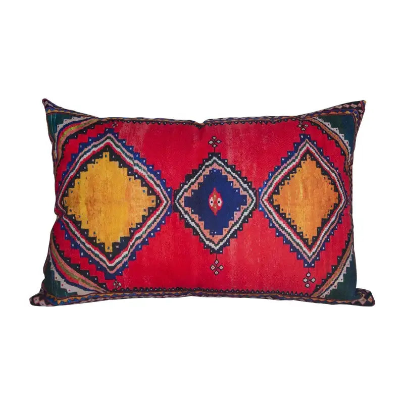 Vibrant red bohemian jute linen pillow covers with bold yellow blue black geometric patterns for living room decorbites