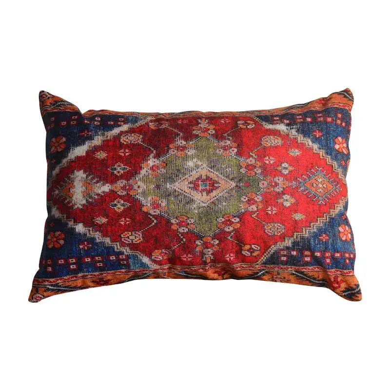 Vibrant red and navy blue vintage-style rug patterned bohemian jute linen pillow cover for living room decorbites bohemian jute