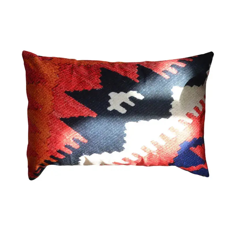Rectangular bohemian jute linen pillow cover with vibrant red black white and blue geometric pattern for living room decorbites pillow covers