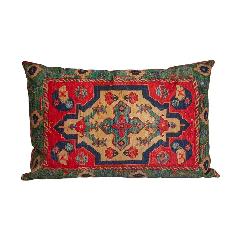 Rectangular pillow cover with vibrant red green and blue geometric floral pattern bohemian jute linen decorbites