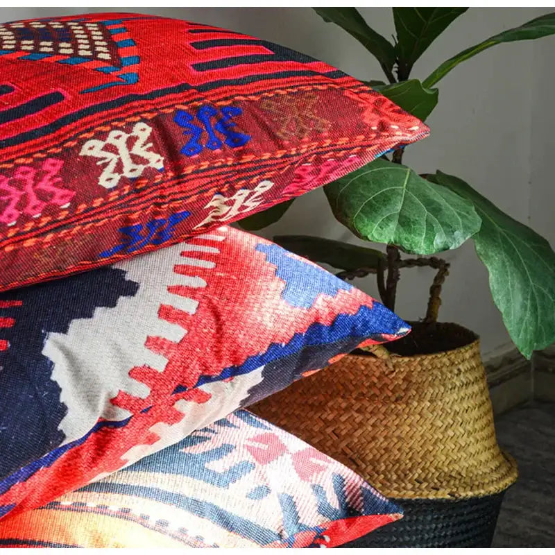 Vibrant red and blue patterned bohemian jute linen pillow covers with intricate woven designs for living room decorbites bohemian jute