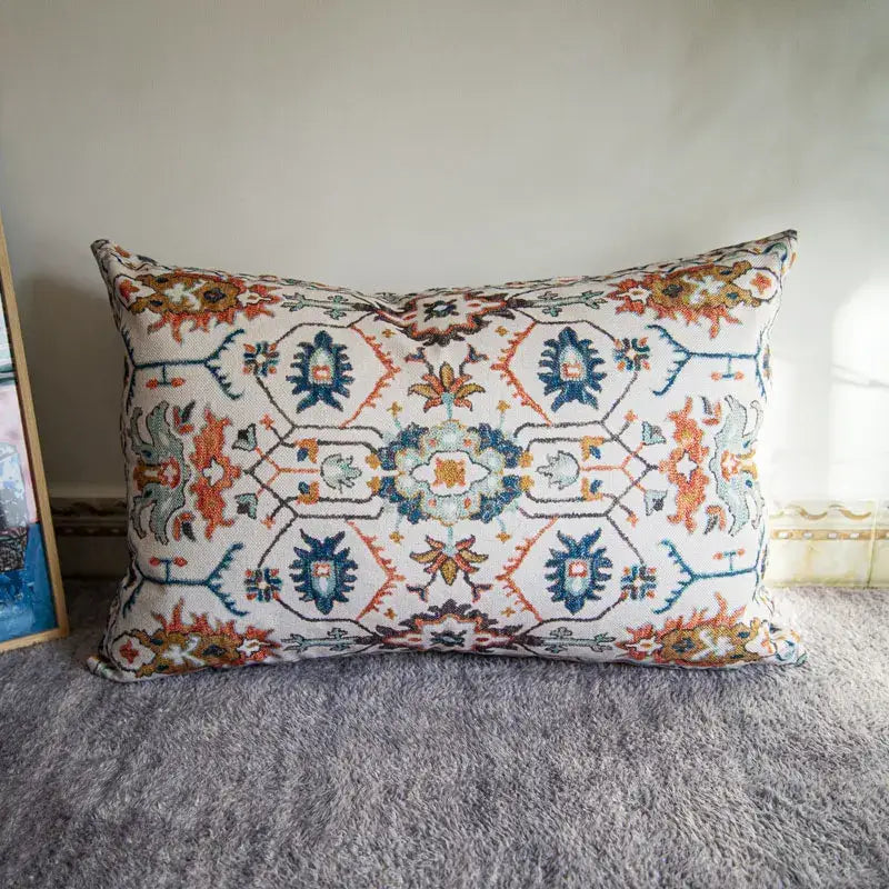 Rectangular bohemian jute linen pillow cover with navy blue rust orange teal floral geometric patterns for living room decorbites