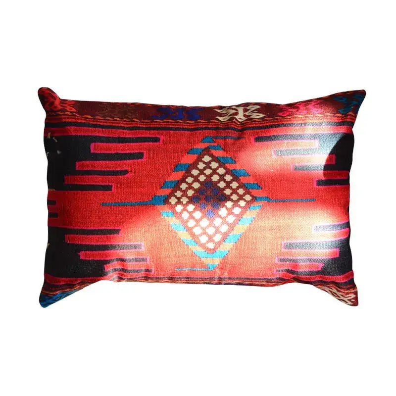 Vibrant red and black bohemian jute linen pillow covers with central beige blue turquoise diamond for living room decorbites