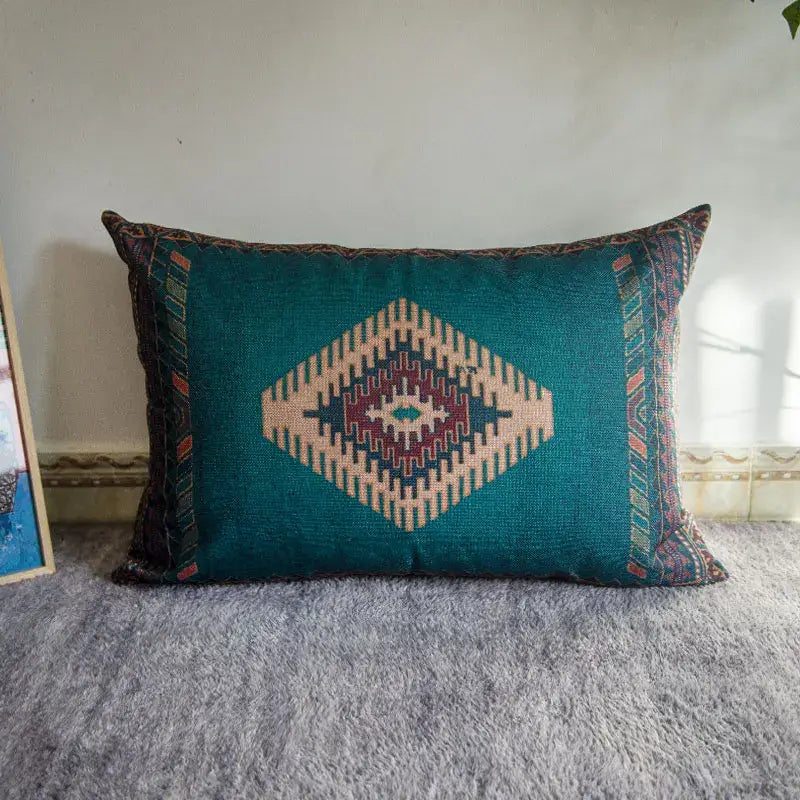 Teal rectangular bohemian jute linen pillow cover with beige burgundy navy geometric pattern for living room decorbites bohemian jute