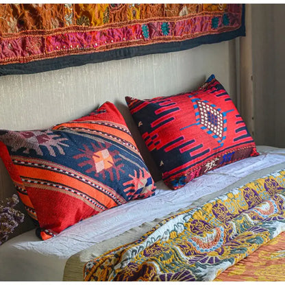 Vibrant bohemian jute linen pillow covers in bold red and blue geometric patterns for living room decorbites bohemian jute
