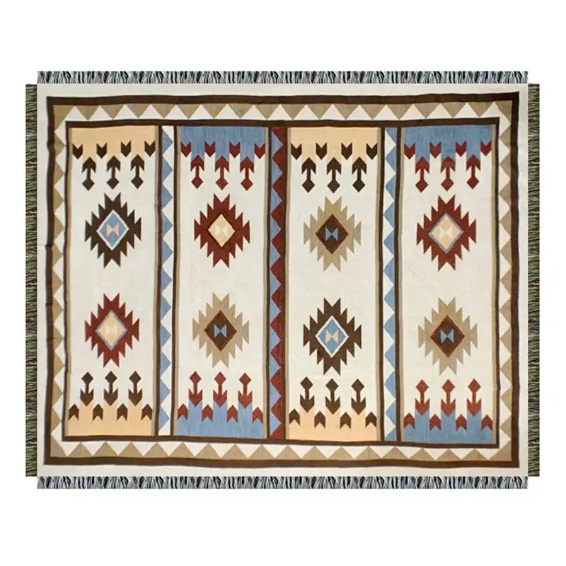 Beige and blue geometric patterned bohemian knit throw blanket with fringed edges for living room decorbites decor