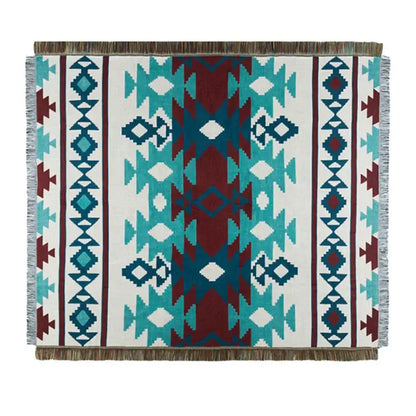 Rectangular bohemian knit throw blanket with teal maroon white geometric pattern and fringed edges for living room decorbites bohemian knit