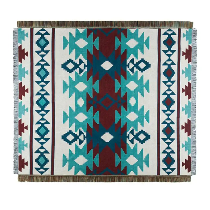 Rectangular bohemian knit throw blanket with teal maroon white geometric pattern and fringed edges for living room decorbites bohemian knit