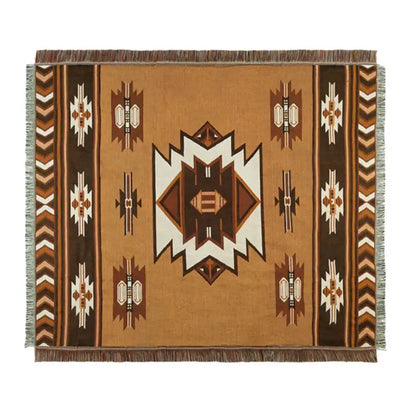 Tan and brown woven decorbites bohemian knit throw blanket with geometric tribal patterns and fringed edges