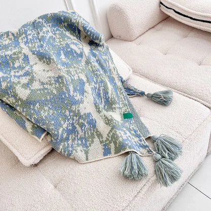 Decorbites bohemian knitted blanket with blue and green abstract pattern and tassels soft knitted throw blanket