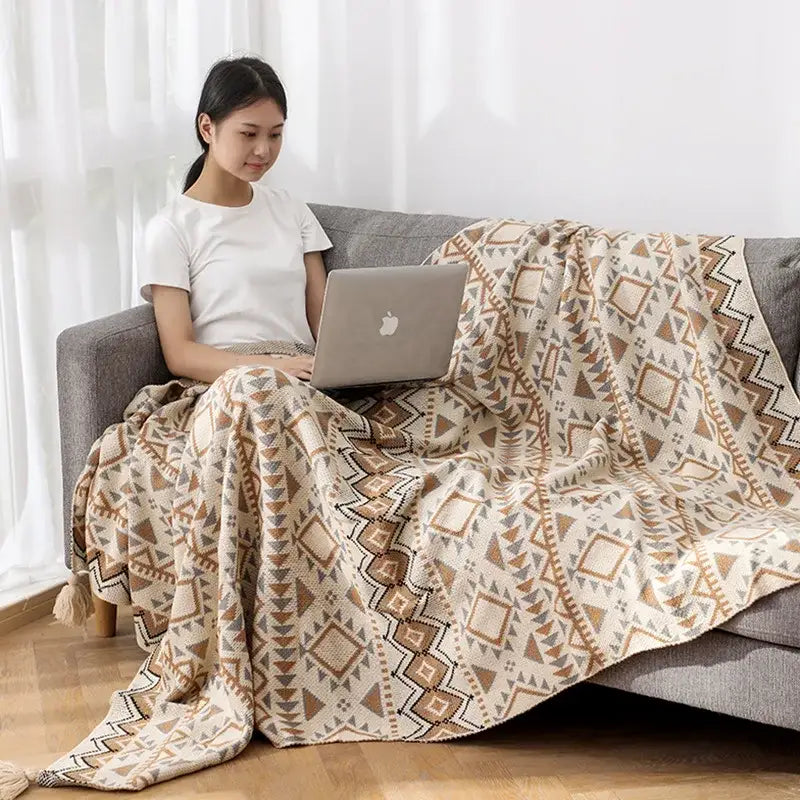 Beige and brown geometric-patterned decorbites bohemian knitted oat tassel blanket for bedroom throw decor