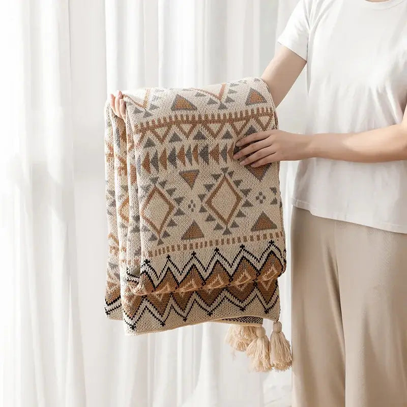 Beige and brown geometric-patterned decorbites bohemian knitted oat tassel blanket for bedroom throw decor