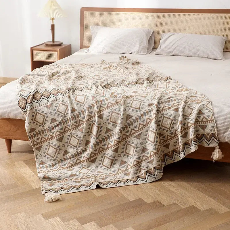 Beige and brown geometric-patterned decorbites bohemian knitted oat tassel blanket for bedroom throw and decor