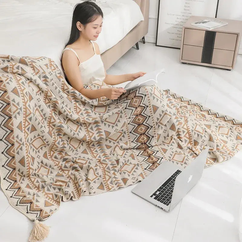 Beige and brown geometric-patterned bohemian knitted oat tassel blanket by decorbites for bedroom decor