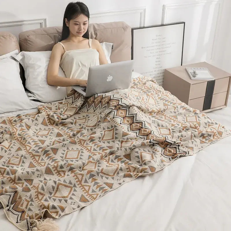 Beige and brown geometric-patterned decorbites bohemian knitted oat tassel blanket for bedroom decor