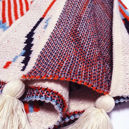 Bohemian knitted sofa blanket with geometric pattern in cream red navy and light blue yarns decorbites bedroom throw decor