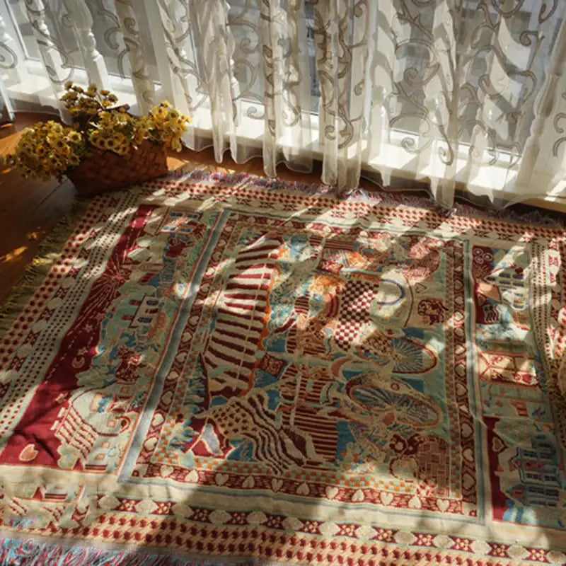 Bohemian knitted sofa cover featuring a vibrant rectangular rug pattern with reds blues and creams decorbites bohemian knitted sofa