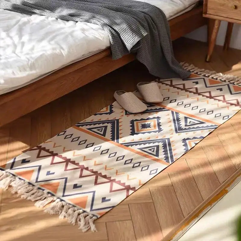 Bohemian linen plaid cotton weave rectangular runner rug with cream orange and navy blue geometric pattern and fringed edges