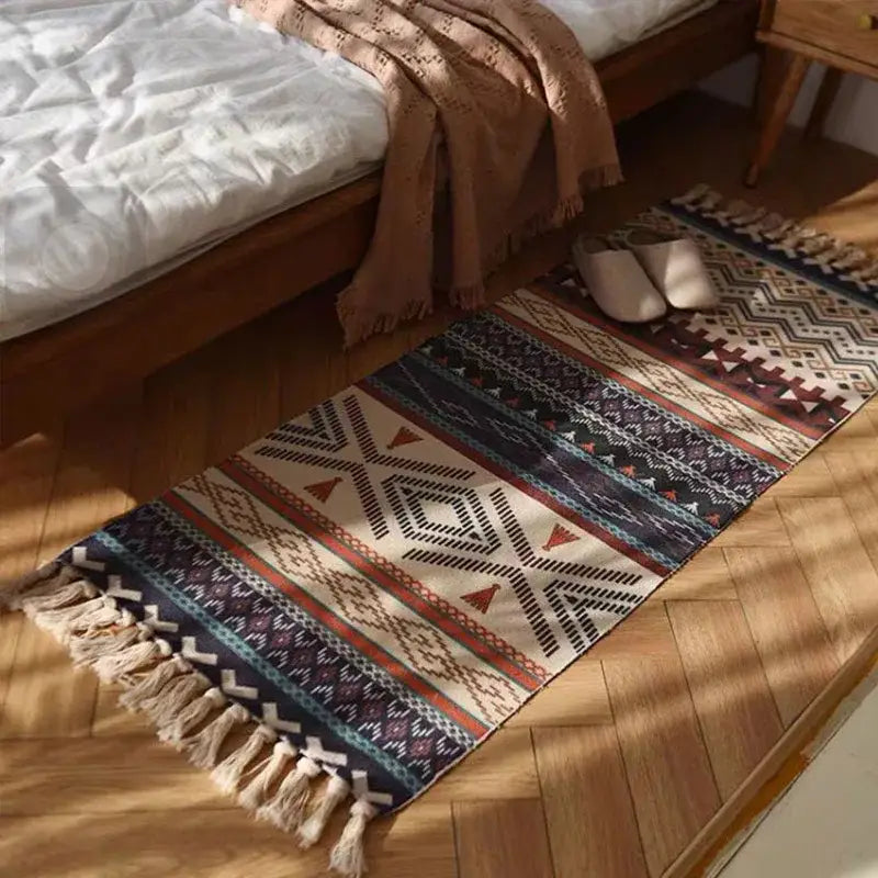 Bohemian linen plaid cotton weave rug in navy cream and terracotta with tassels for living room runner decorbites linen plaid