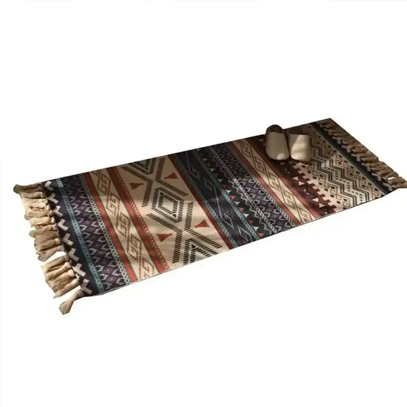 A rectangular bohemian linen plaid cotton weave rug in orange navy with geometric pattern and tassels for living room decor