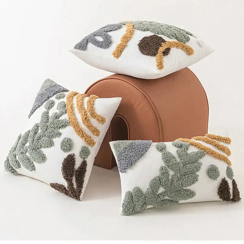 White plush cushion cover with textured tufted foliage and abstract gray tan brown patterns bohemian loop cushion cover