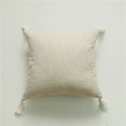 Beige linen plush cushion cover with soft tassels in bohemian loop style for living room leaf decor