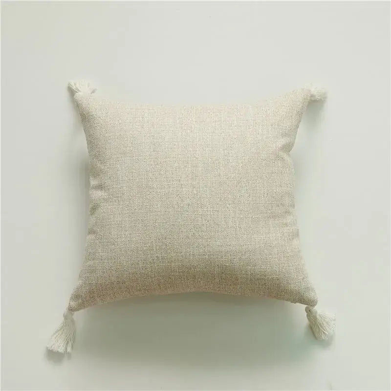 Beige linen plush cushion cover with soft tassels in bohemian loop style for living room leaf decor