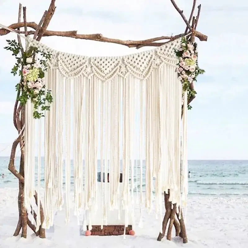 Cream-colored bohemian macrame curtain tapestry with flowing fringe and floral accents for living room decorbites bohemian macrame